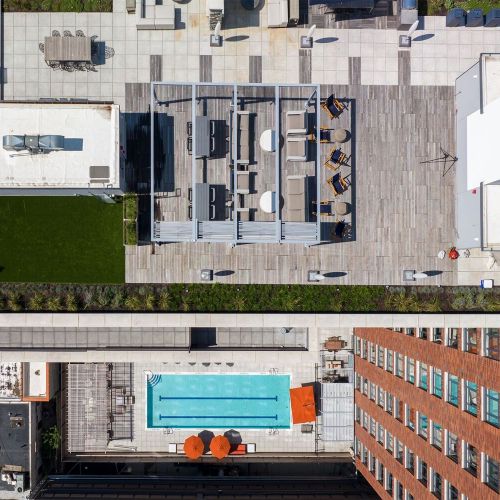 Ariel view of rooftop and 2nd floor outdoor amenity deck