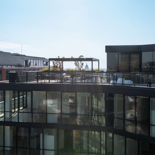 Rooftop lounge with views of Union Market.