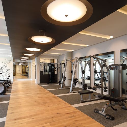 FItness center equip with weights and machines to include treadmills and ellipticals