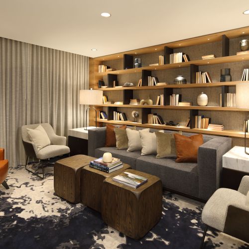 Library featuring warm lit tones to relax and unwind