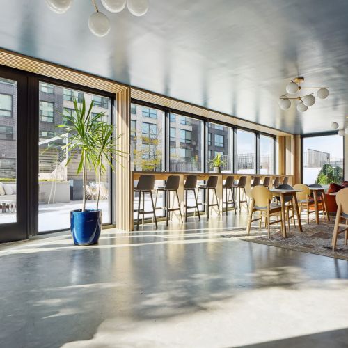 View of clubroom with windows in the background	