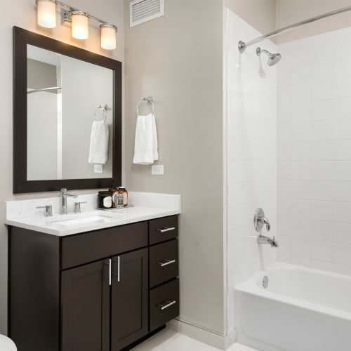 Spa-inspired bathroom designed with warm wood cabinetry.