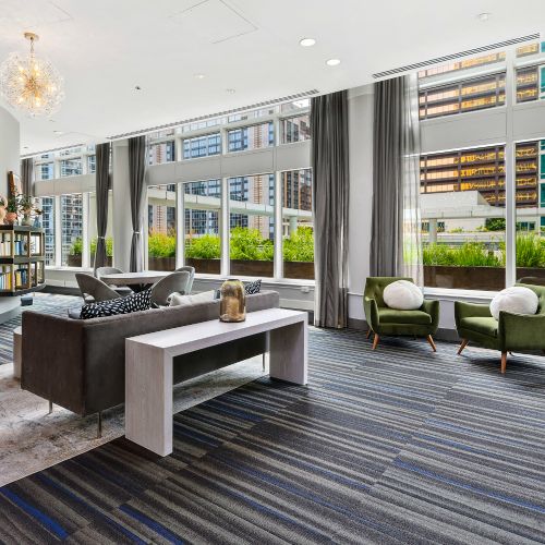 Close up of the resident lounge's open meeting rooms and comfortable seating.