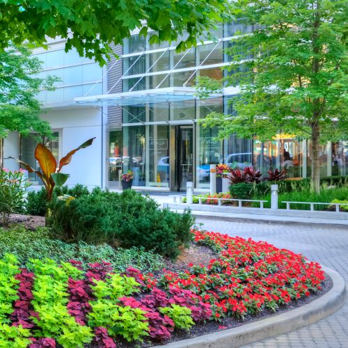 Atwater's private driveway and courtyard rich with foliage.
