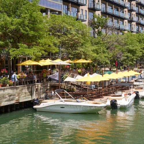 Wide sweeping view of the Chicago skyline and city lights from Atwater Apartments.