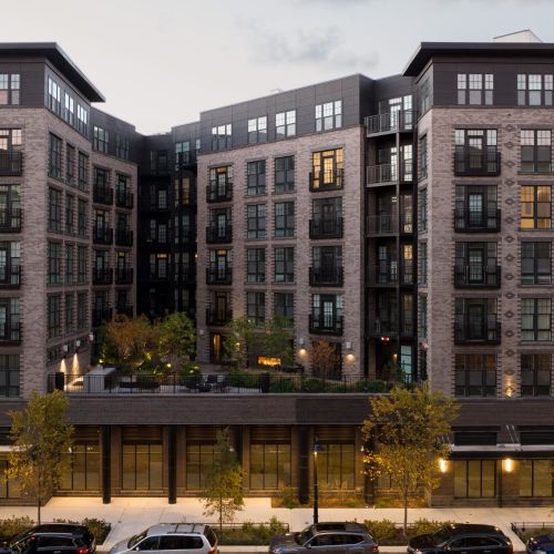 Side view of 250 Mission at dusk	