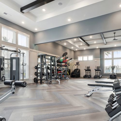 Stay active in our well-equipped fitness center, complete with rock-climbing wall.	