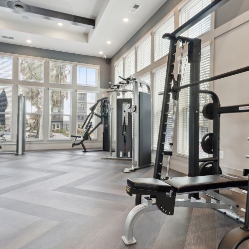 Stay active in our well-equipped fitness center, complete with rock-climbing wall.	