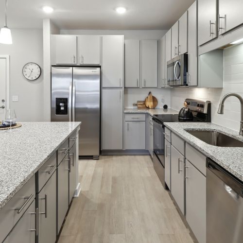 Well-appointed kitchens feature stainless steel appliances, granite countertops, and tiled backsplashes.	