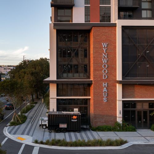 Building entrance in the sunset
