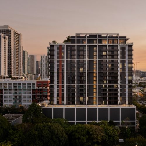 Southern view of building at sunset