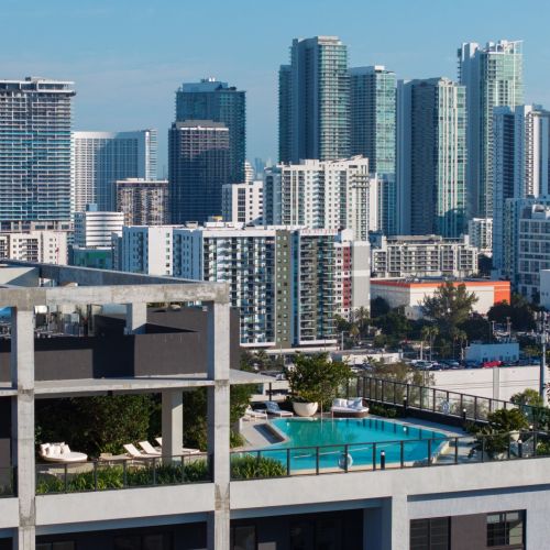 Aerial view of rooftop and Miami skyline