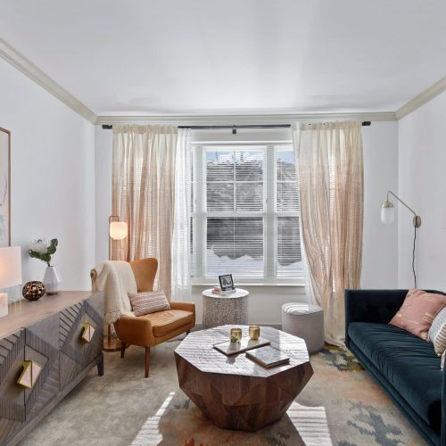 Cozy living room with velvet sofa, wood accents, abstract art, and sunlit window curtains