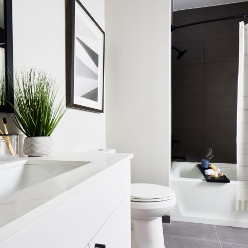 Matte black hardware gives our bathrooms a classic look.	