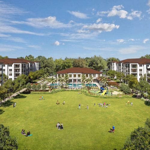 Expansive central park, dramatic pool deck, and outdoor pavilion	