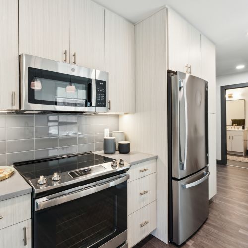 Kitchen counter and stainless steel kitchen appliances