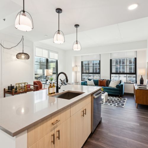 Kitchen island looking into living room 