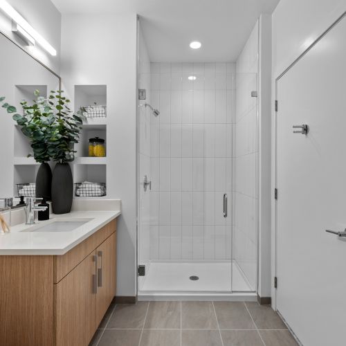 Sleek Symmons plumbing fixtures greet you.	