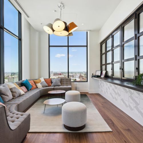 Music room with couch and tables	