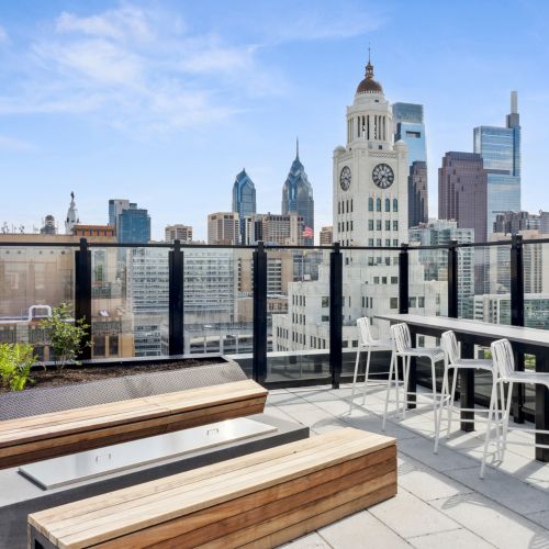 Rooftop deck with views of city	