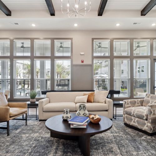 Bright clubroom opening up to poolside lounge