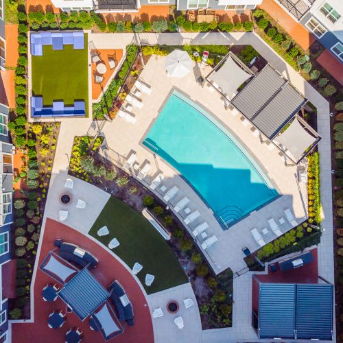 Bird's eye view of pool and courtyard area	