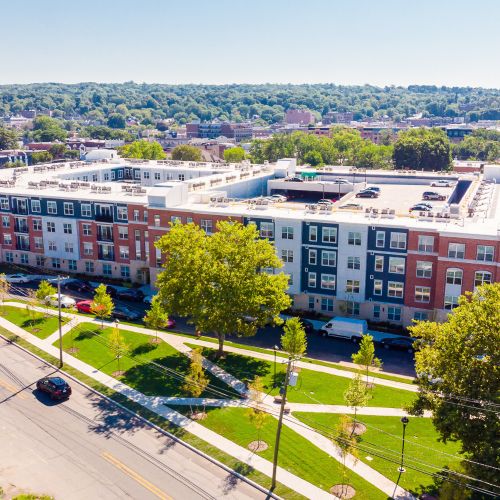 Aerial view of building exterior 	