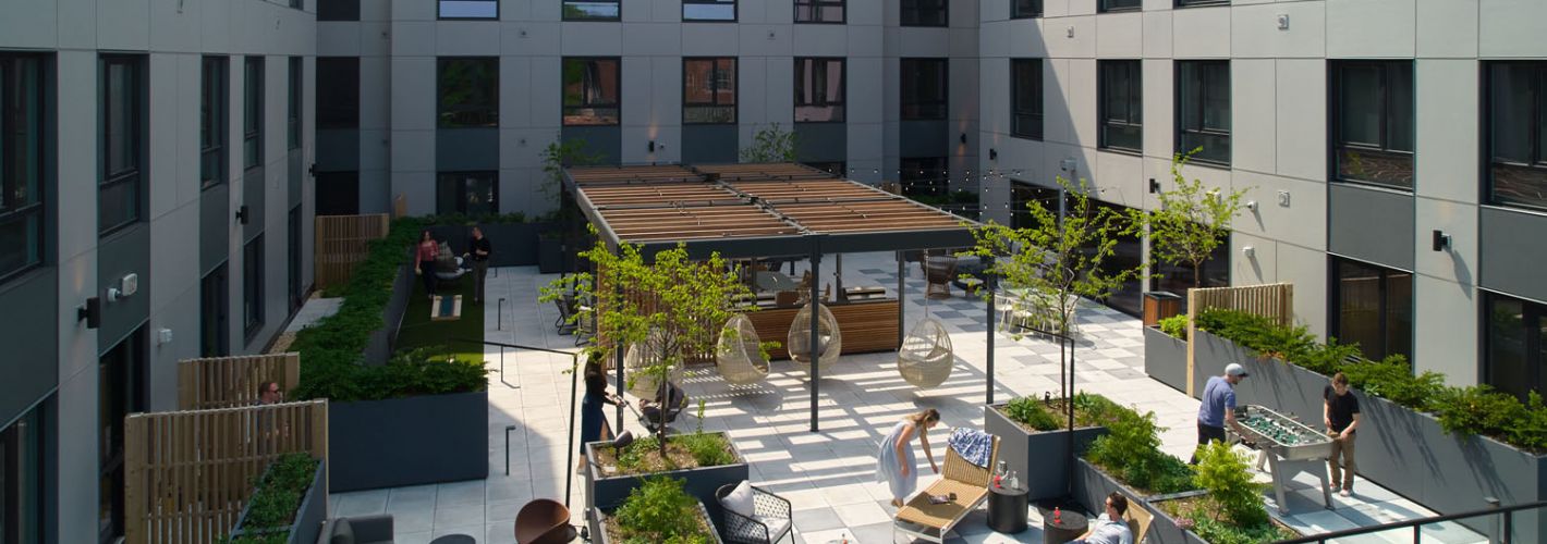 Outdoor terrace with seating, grills and firepit	