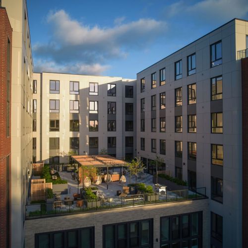 Outdoor terrace nestled in the center of the building	