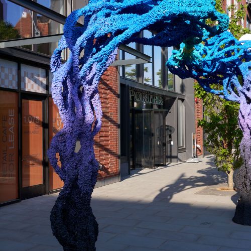 Sculpture at building entrance	