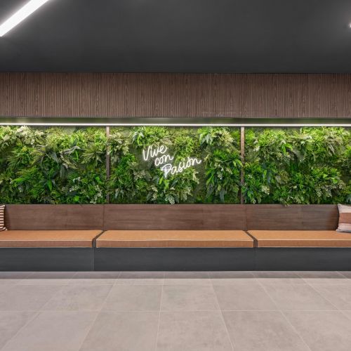 Elegant wood hallway leading to amenities.