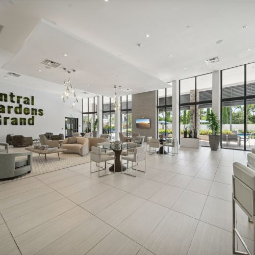 Bright clubhouse looking out to pool