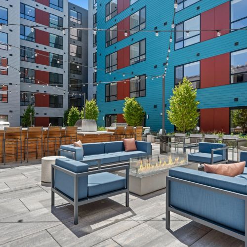 Vibrant courtyard with seating and games.