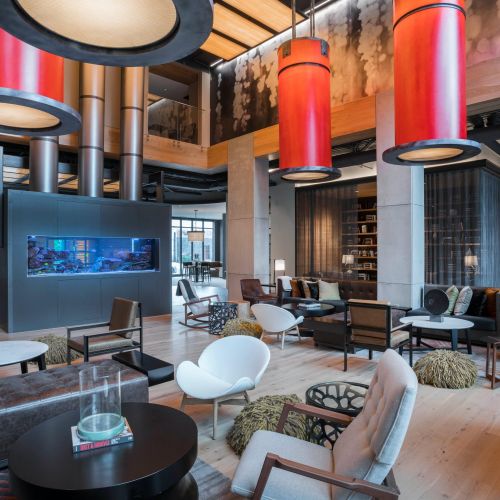 The Belgard lobby with seating and aquarium