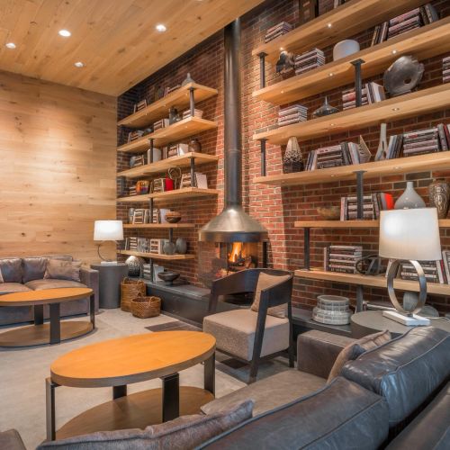 Library with fireplace