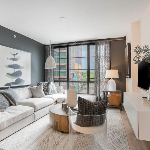 Living room with large couch and floor-to-ceiling windows 