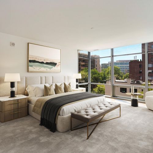 Large apartment bedroom with floor-to-ceiling windows 