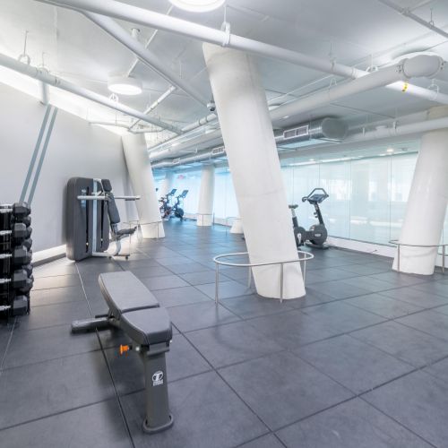 Open fitness center with gym equipment