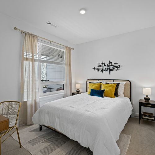 Retreat to this serene bedroom that balances comfort and style