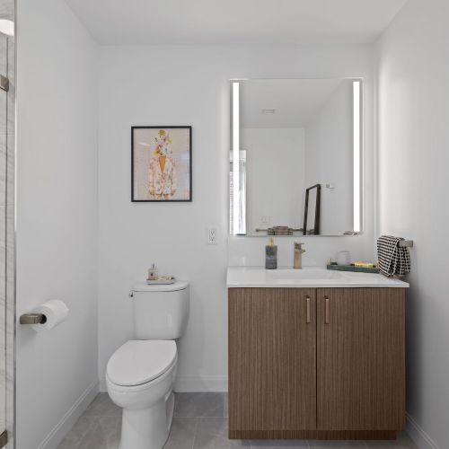 Modern shower with sleek tilework.
