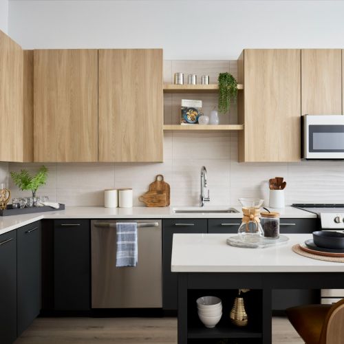 Skymark : Skymark kitchens include quartz countertops, two finish palette options, backsplashes, kitchen islands and stainless steel appliances. 