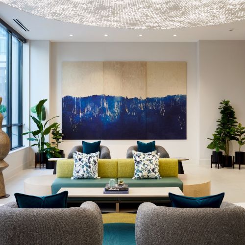 Bright colors and pristine finishes create a lobby full of character