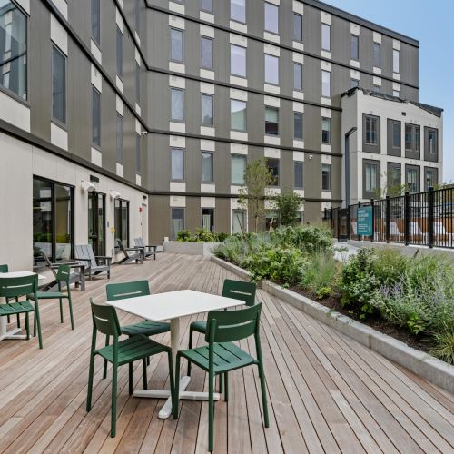 Ping pong table in community courtyard.	