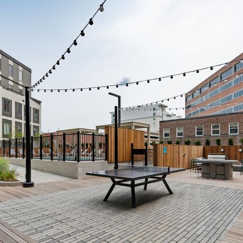 Landscaped courtyard with stylish seating.	