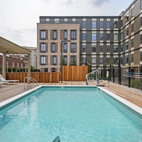 Panoramic view of vibrant community courtyard.	