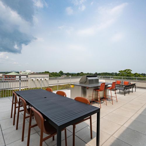 Rooftop deck with grill and skyline views.	
