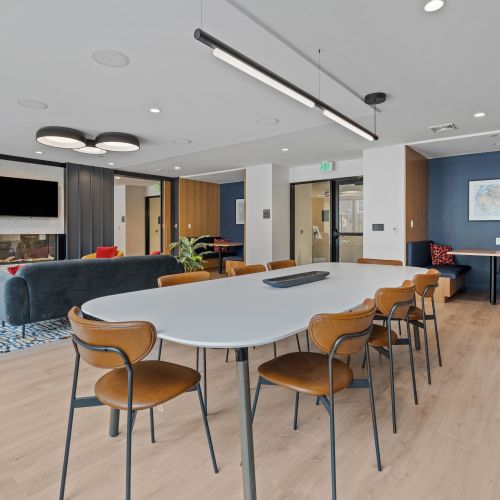 Modern lounge with private work pods.	