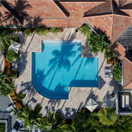 Pool and clubhouse aerial view	