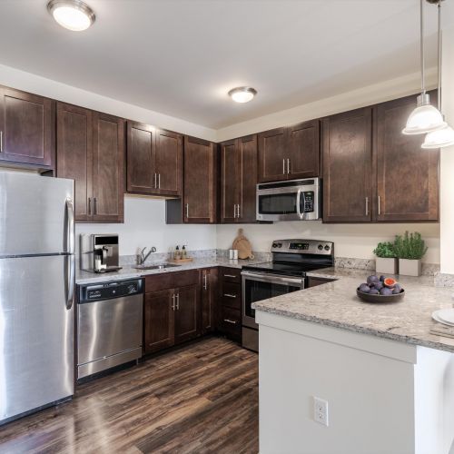 Kitchen with blue bar stools
