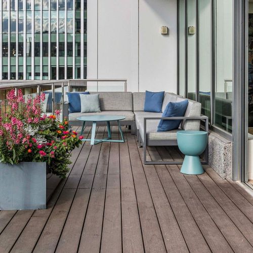 Rooftop deck lounge seating area.